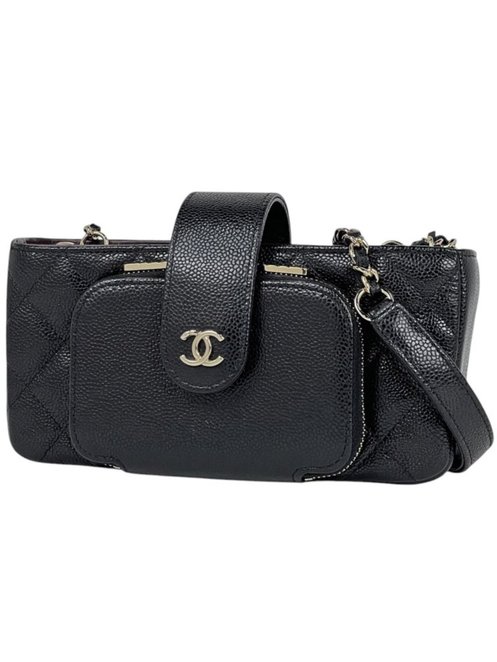 Chanel Shoulder Bag CC Logo Quilted Phone Case Caviar Leather Black